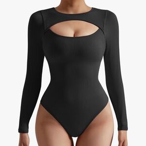 New SUUKSESS Women Cutout Seamless Ribbed Bodysuit Long Sleeve Tank Top With Bra